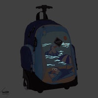 sac à dos ; sac à dos à roulettes ; sac à roulettes ; sac à roulettes primaire ; phosphorescent ; roulettes lumineuses ; recyclé ; bleu ; mer ; vacances ; oiseaux ; plage ; farniente ; sac à dos à roulettes farniente