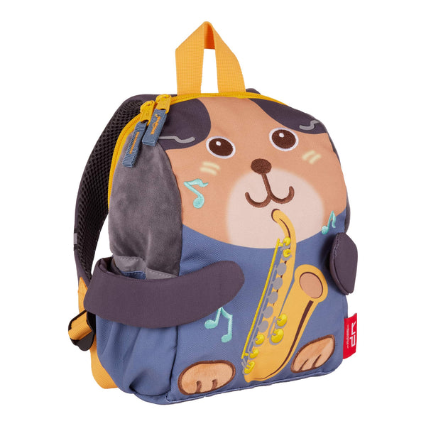 sac à dos ; sac goûter ; sac maternelle ; petit sac ; sac enfant ; oval ; ours ; ourson ; bleu ; marron : saxophone ; musique