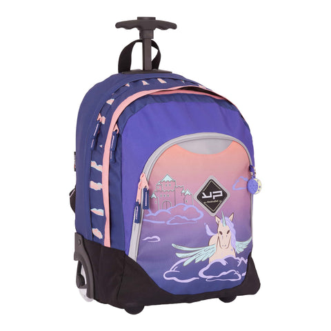 sac à dos ; sac à dos à roulettes ; sac à roulettes ; sac à roulettes primaire ; phosphorescent ; roulettes lumineuses ; recyclé ; violet ; rose ; fille ; licorne ; evasion ; chateau ; sac à dos à roulettes licorne evasion